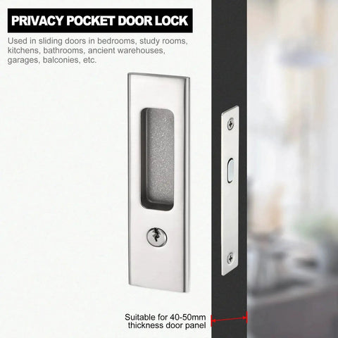Privacy Pocket Door Lock with a silver finish, showing the lock and handle fitted in a door, suitable for 40-50mm thickness.