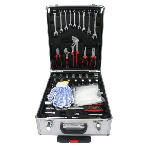 Open Roll Bar Rolling Toolbox Kit With 899-Piece Emergency Car, Water, Electrical And Woodworking Repair Set In Silver