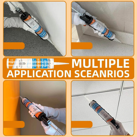 Multiple views of Two Pack Silver Silicone Sealant All Purpose Waterproof Caulk With Stronger Adhesion And Crack Proof Sealant for Aquarium Stainless Steel Aluminum Basements 20.2 Oz being applied on different surfaces.