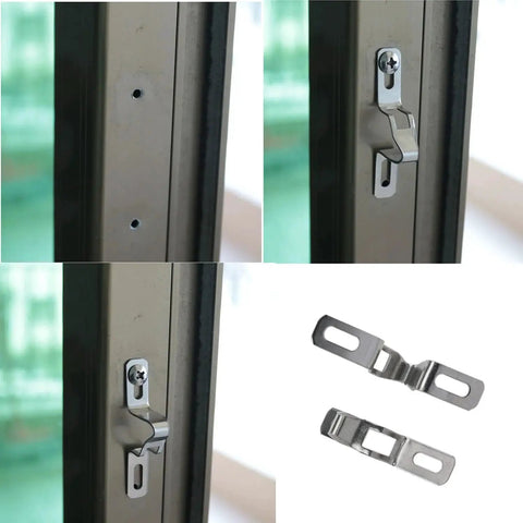 2 Pieces Silver Sliding Door Keepers With Glass Lock Latch For Sliding Patio Doors Including Mounting Screws, Durable Zinc Alloy Construction, Chrome Plated, Waterproof And Rust-Resistant, Size 2.36 x 0.38 x 0.82 Inches installed and close-up