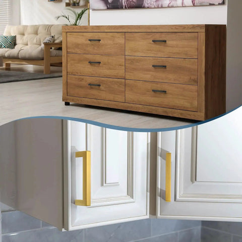 Two Pack Silver 5.5 Inch Square Cabinet Pulls Stainless Steel Drawer Handles for kitchen cupboards shown on a wooden dresser and white cabinet.