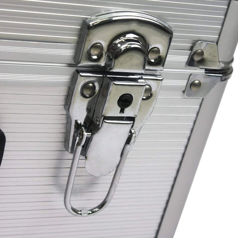 Close-up of silver latch on Roll Bar Rolling Toolbox Kit With 899-Piece Emergency Car, Water, Electrical And Woodworking Repair Set In Silver.