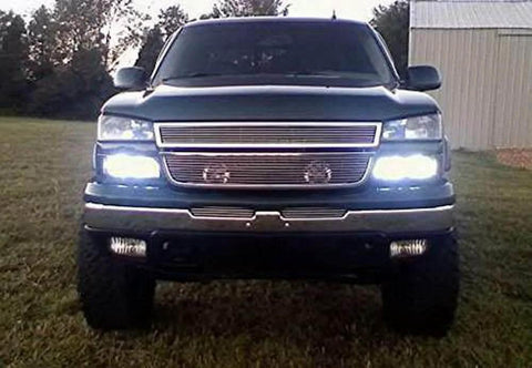 Front view of a truck demonstrating 4 Pin EP29 EP29N LED Flasher Relay For Hyper Rapid Turn Signal Blink On 1996–2005 Cadillacs Chevys GMCs And Oldsmobiles Replacement For OEM 10041073 10041074 10224868 11516051 12450013 12450054 installed with bright LED headlights.