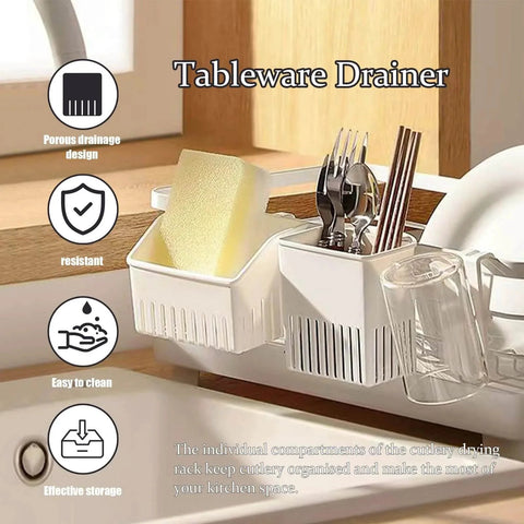 3 Pack Silverware Drying Basket displayed on kitchen counter with forks, spoons, and knives organized. Utensil Drainer visible.