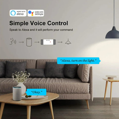 Otcboimo WiFi electric linear actuator controller promo on living room wall with Alexa and Google logos