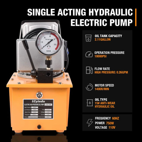 Front view of Hydraulic Electric Pump 8.4Quart 2.1Gallon Single Acting Manual Valve 8L Power Pack with dial and specifications