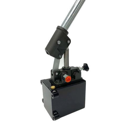 Close-up of Magister Hydraulics Single Acting Hydraulic Hand Pump with 1 QTs Tank, showing steel handle and changeover valve.