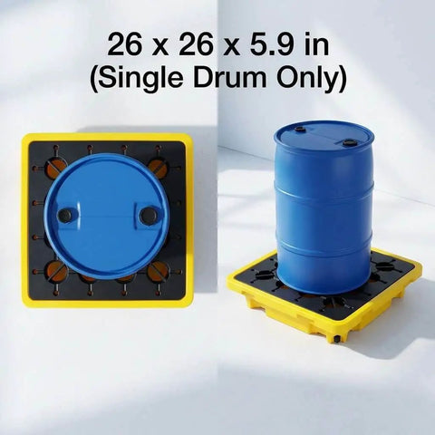 Single Drum Spill Containment Pallet With 15 Gallon Sump And 2000 Lbs Static Load, 26 By 26 Inch HDPE Platform With Blue Drum