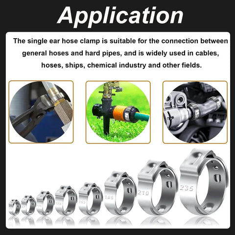 62 Piece 7 Size 304 Stainless Steel Single Ear Hose Clamps Crimp Hose Clamp Assortment Kit 6 To 23 Point 5 Millimeter Ideal For Automotive Home Appliance Water Pipe And Fuel Line Durable Corrosion Resistant Design For Long Lasting Performance In Auto And