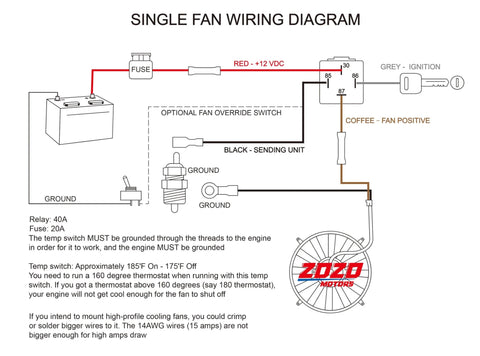 Single fan wiring diagram for Heavy Duty Electric Fan Wiring Kit With Thermostat Relay And Temperature Sensor Switch For Radiator Cooling, 40 Amp Waterproof Relay Kit, Color Coded Wires And Step By Step Diagram, Fits 10 To 16 Inch Fans, 185 On 175 Off.