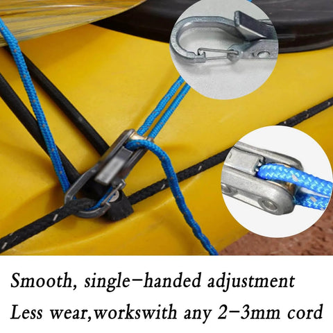 Metal latch and blue cord with single-handed adjustment feature on a yellow base, showing less wear for 2-3mm cord use.