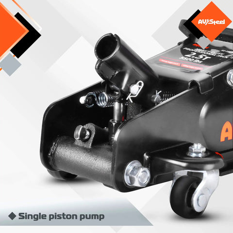 Close-up of 2.5 Ton Floor Jack For Cars With Low Profile Design AV Heavy Duty Steel Hydraulic Floor Jack With Single Piston Pump.