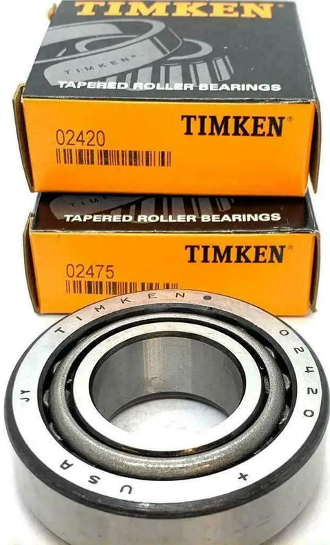 Single Row Tapered Roller Bearing 02475 02420 with 1.25 inch bore and 2.6875 inch OD, with Timken packaging in background