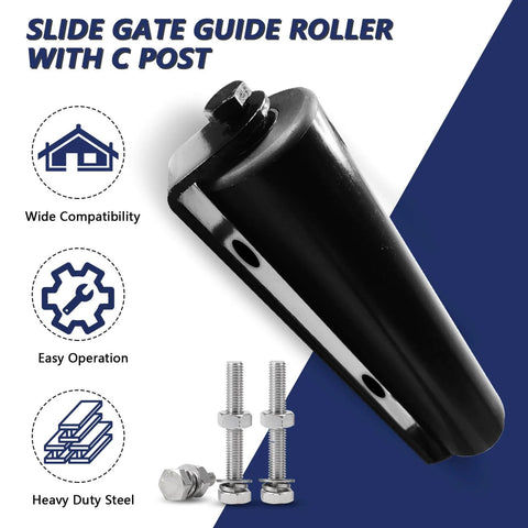 ✝️ Single Slide Gate Guide Roller with C Post Welded Bracket, Hard Nylon Sliding Rolling Gates Guider, Heavy Duty Sealed Ball Bearing Side Roller Assembly