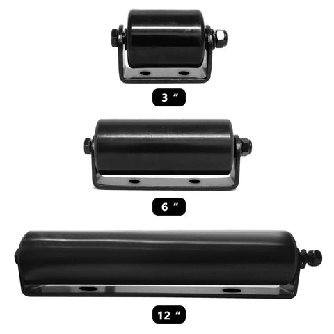 Three sizes of ✝️ Single Slide Gate Guide Roller with C Post Welded Bracket, showcasing 3, 6, and 12 inch Hard Nylon Rolling Gates Guiders.