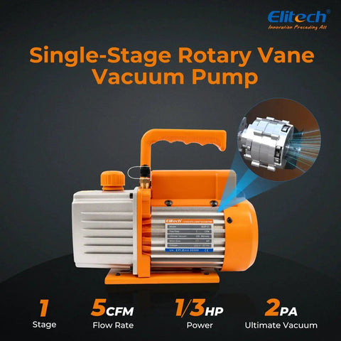 Heavy Duty NVP-5 HVAC Vacuum Pump with 5 CFM flow, 1/3 HP single-stage rotary vane by Elitech, shown with specifications