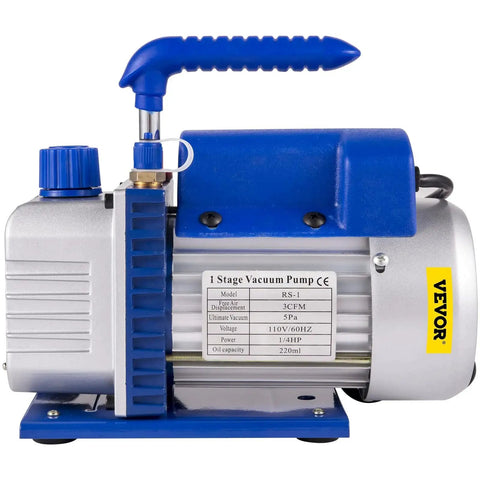 3CFM 1/4HP Single Stage Air Vacuum Pump Kit with blue die-cast aluminum housing by VEVOR for HVAC and refrigeration