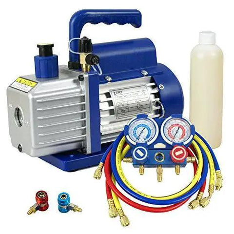 3.5 CFM Single Stage Rotary Vane Vacuum Pump For HVAC Auto AC Refrigerant Recharging With R134a AC Manifold Gauge Set Combo Pro Grade