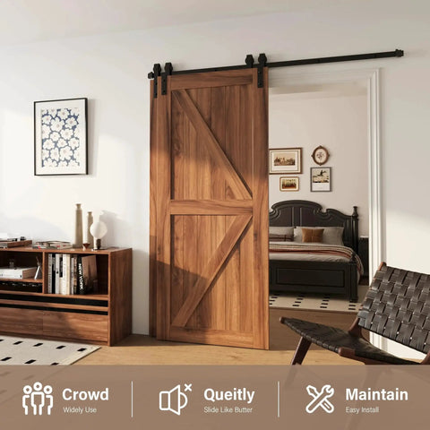 7.5 Ft Single Track Bypass Barn Door Hardware Kit For Double Doors, installed on wooden door with antique rollers, in a living room