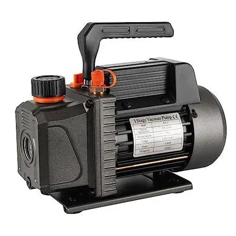 Pro Grade 3.5 CFM Single Stage Vacuum Pump For HVAC Systems With One Quarter HP Motor, rugged build with visible motor details