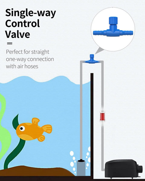 Pawfly single-way aquarium air control valve, blue plastic, fits 3/16 ID tubing, connected to air pump.