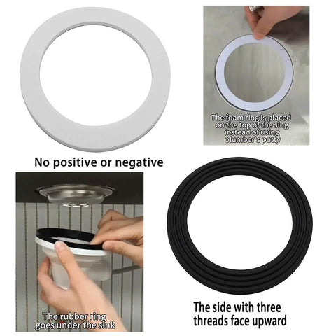Sink Strainer Seal Kit For 3.5 Inch Drains With 2 O Rings And Rubber Gasket Set No Plumber's Putty Needed Twist On Install For A Leak Free Seal US Standard Drain Compatibility, showing installation and components
