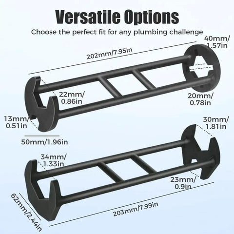 Diagram of 2 Pack Multifunctional Sink Wrench Set For Tight Spaces with measurements and design features highlighted.