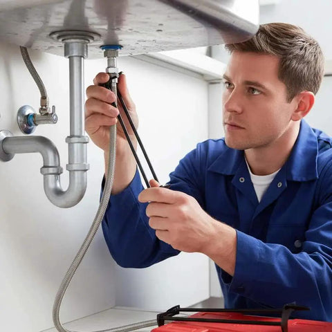 Plumber using Two Piece Multifunctional Sink Wrench Set For Tight Spaces Basin Wrench Faucet Tool in kitchen under sink