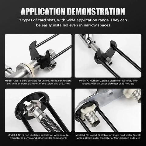 Application demonstration of Two Piece Multifunctional Sink Wrench Set showing 7 buckle slots for various pipe sizes and uses.