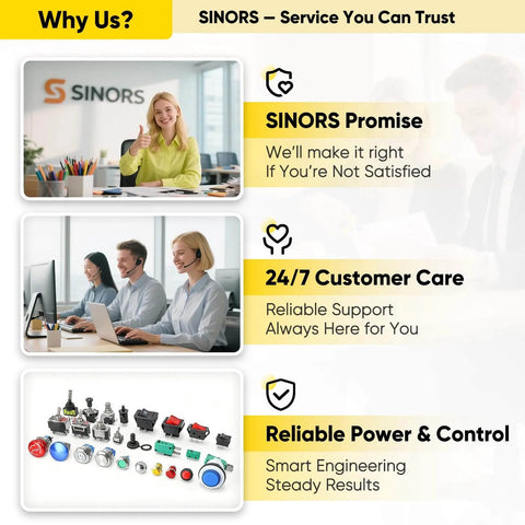 SINORS service benefits including promise, 24/7 customer care, and reliable power and control with various products displayed.