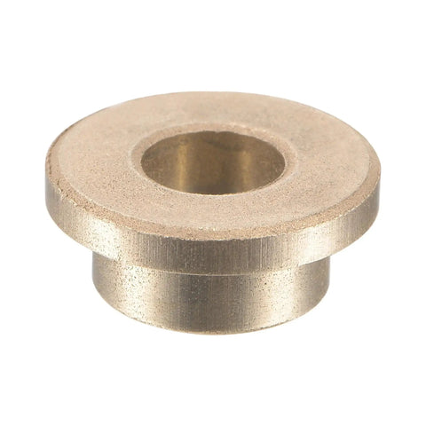 Close-up of a sintered bronze flange sleeve bearing, 6mm bore, 10mm OD, showing flange thickness of 2mm and 14mm diameter.
