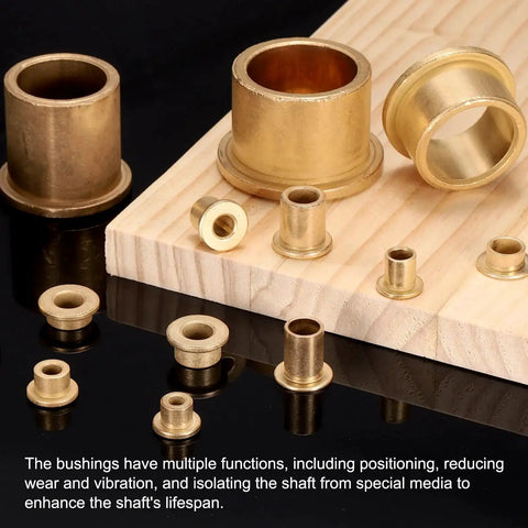 Assorted 3 Piece Sintered Bronze Flange Sleeve Bearings displayed on a table with 30mm Bore, 38mm OD, 25mm Length, 46mm Flange Diameter.