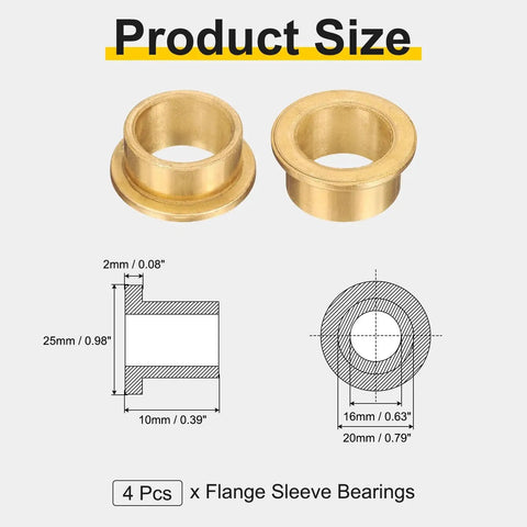 Product size diagram of 4 Piece Sintered Bronze Flange Sleeve Bearings With 16mm Bore 20mm Outer Diameter