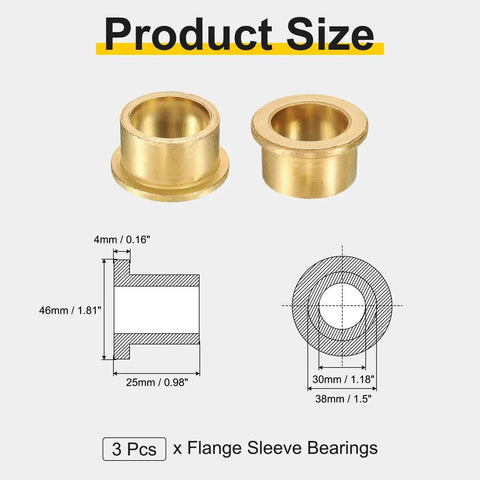3 Piece Sintered Bronze Flange Sleeve Bearings With 30mm Bore and 38mm Outer Diameter, showing dimensions and design.
