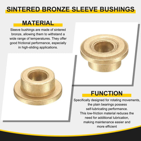 3 Piece Sintered Bronze Flange Sleeve Bearings With 30mm Bore, 38mm Outer Diameter, 25mm Length, shown with material and function details