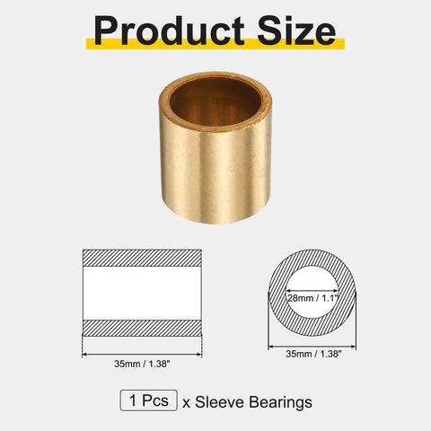 Self Lubricating Sintered Bronze Sleeve Bearing 28mm Bore 35mm OD 35mm Length with diagrams showing 1 piece packaging.