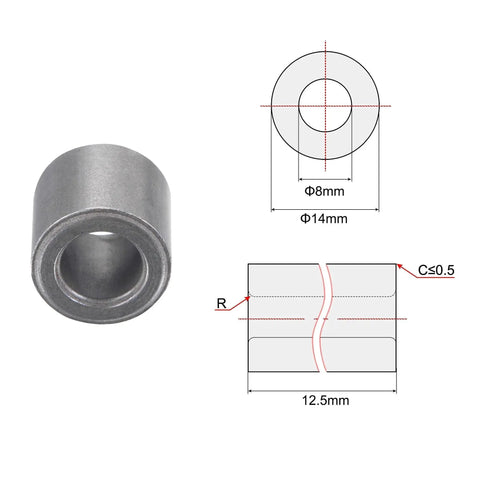 Self-Lubricating Iron Sleeve Bearings 8mm Bore 14mm OD 12.5mm Length Set Of 12 Sintered Bushings, technical diagram view