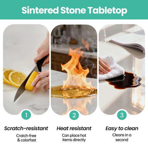 Sintered stone tabletop features: scratch-resistant, heat-resistant, easy to clean surfaces highlighted in three images.