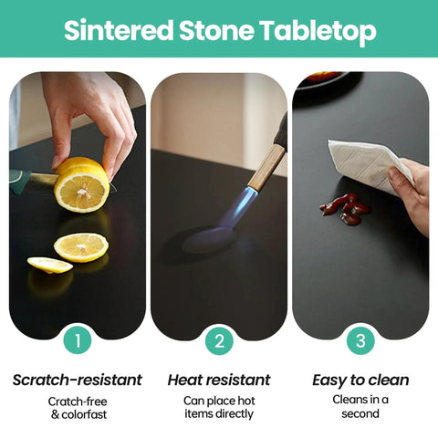 Sintered stone tabletop showcasing scratch-resistant, heat-resistant, and easy-to-clean features of 31.5 Inch Lazy Susan Turntable.