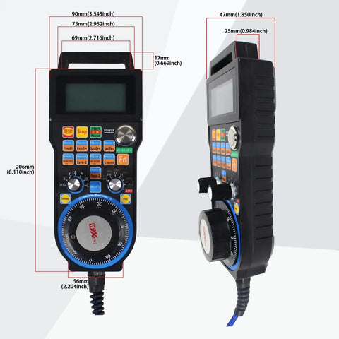 Front and side view of Six Axis USB Wired Mach3 Handwheel MPG For CNC Milling Lathe Engraving Machines with dimensions labeled