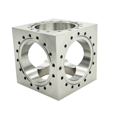 Six Channel UHV Cube Flange In 304 Stainless Steel With 101.6mm Bore And Sixteen M8 Bolt Holes For Complex Vacuum Chamber Layouts