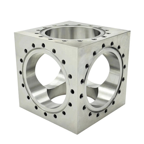 Six Channel UHV Cube Flange In 304 Stainless Steel With 101.6mm Bore And Sixteen M8 Bolt Holes For Complex Vacuum Chamber Layouts