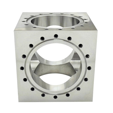 Six Channel UHV Cube Flange In 304 Stainless Steel With 101.6mm Bore And Sixteen M8 Bolt Holes For Complex Vacuum Chamber Layouts