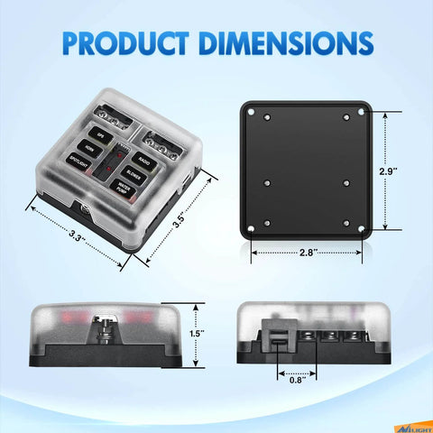 Six Circuit Blade Fuse Block With Negative Bus And LED Indicator Waterproof Cover For 12V Automotive Cars Marine Boats RVs Trailers ATO And ATC Fuses 30A Per Circuit 100A Panel dimensions