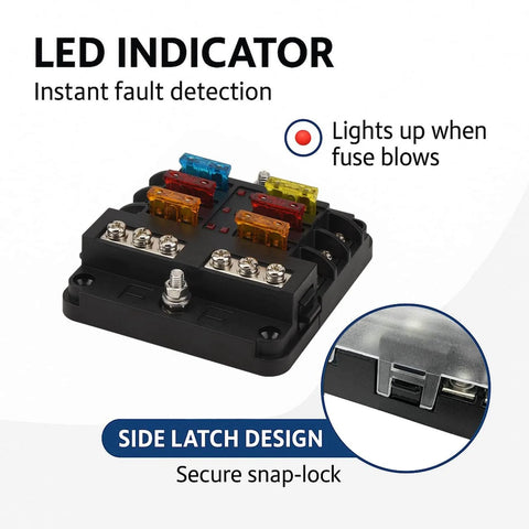 Six Circuit 12V Fuse Block With LED Indicator And Preinstalled ATC And ATO Fuses, snap-lock design, for Automotive, Marine, and RV use