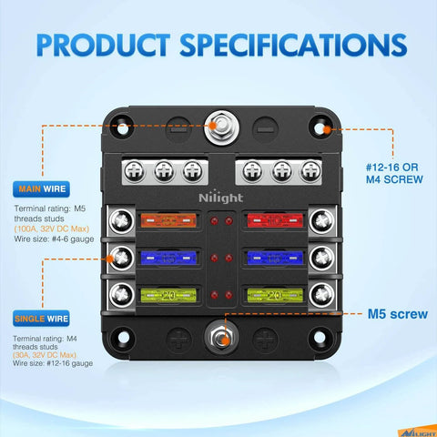 Six Circuit Blade Fuse Block With Negative Bus And LED Indicator Waterproof Cover for 12V vehicles, shows specifications and features.