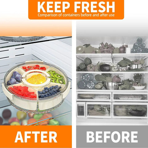 Comparison of a fridge before and after using a Six Compartment Divided Serving Tray With Lid And Handle Portable Stackable Snack Box.
