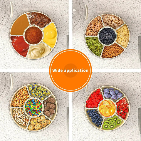 Six Compartment Divided Serving Tray With Lid And Handle Portable Snack Box filled with snacks, nuts, and fruits on kitchen counter