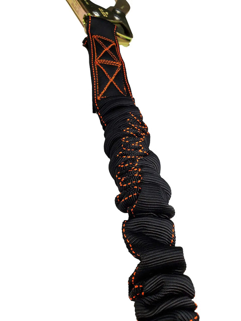 Close-up of Single Leg Six Foot Rebar Hook End Lanyard With Internal Shock Absorber For Fall Arrest, Free Fall Shock Absorption Up To Nine Hundred Pounds, Impact Indicators, ANSI And OSHA Compliant, Five Thousand Pound Breaking Strength, Tough And Durable showing robust material and stitching.