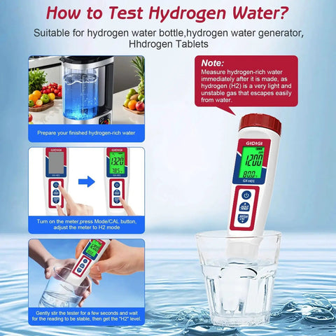 All In One Hydrogen Water Tester Must Have With Digital ORP Meter And 6 In 1 PH TDS EC H2 Temperature Monitor in use